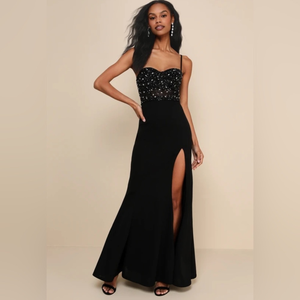 Lulu's Black Beaded Strapless Maxi Dress with High Slit
